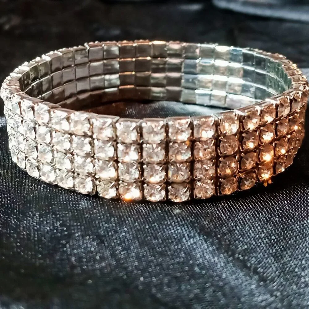 Chic & Stunning Clear Rhinestone 4-Row Stretch Glamorous Bling Cuff Bracelet - Picture 7 of 10